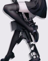 Rule 34 | 1girl, black footwear, black skirt, black thighhighs, commentary, english commentary, gun, highres, holding, holding gun, holding weapon, leg focus, lower body, original, pleated skirt, rifle, shadow, siiar (lvlcmxcix), simple background, skirt, solo, thighhighs, thighs, weapon, white background