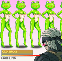 Rule 34 | 1boy, 1girl, beast-gamer&#039;s sigh, black eyes, blush, breasts, character name, clone, eyepatch, frogs (metal gear), frogs (mgs), from behind, gradient background, grey hair, headband, high heels, kerotan, konami, lowres, medium breasts, metal gear (series), metal gear solid 4: guns of the patriots, navel, old snake, parody, personification, pink background, simple background, solid snake, standing, stomach, upper body, what