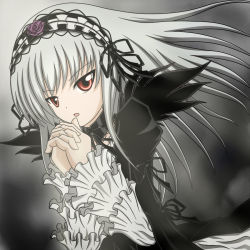 Rule 34 | 00s, 1girl, bad id, bad pixiv id, flower, frills, gothic lolita, hairband, own hands clasped, lolita fashion, long hair, orange eyes, own hands together, ribbon, rozen maiden, silver hair, solo, suigintou, taka (takalight), taka light