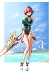 Rule 34 | 1girl, aegis sword (xenoblade), breasts, highres, large breasts, lom (lom lom 8), pyra (pro swimmer) (xenoblade), pyra (xenoblade), red eyes, red hair, short hair, solo, xenoblade chronicles (series), xenoblade chronicles 2