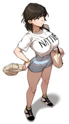 Rule 34 | 1girl, absurdres, bag, black hair, breasts, clothes writing, commentary request, gigle, grey eyes, grey shorts, handbag, highres, large breasts, original, shoes, short hair, short shorts, short sleeves, shorts, simple background, sneakers, solo, thighs, white background