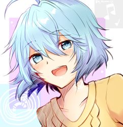 Rule 34 | 1girl, bad id, bad pixiv id, blue eyes, blue hair, blush, brown sweater, light blue hair, long hair, looking at viewer, open mouth, ribbed sweater, short hair, smile, solo, spoilers, sweater, upper body, vivy, vivy: fluorite eye&#039;s song, yume oji san