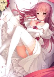 Rule 34 | 1girl, absurdres, bed, breast slip, breasts, brooch, brown eyes, cleavage, covering privates, covering crotch, dress, elbow gloves, gloves, highres, huge filesize, imouto no katachi, jewelry, lace, lace-trimmed gloves, lace-trimmed legwear, lace trim, long hair, lying, mutou kurihito, nipples, one breast out, panties, pink hair, scan, sena miyuki, shoes, solo, thighhighs, underwear, wedding dress, white gloves, white panties, white thighhighs