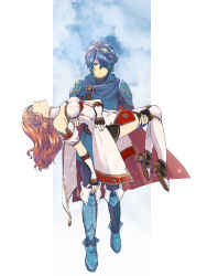 Rule 34 | 2girls, armor, armored boots, belt, blue eyes, blue hair, boots, breasts, cape, carrying, celica (fire emblem), circlet, closed eyes, dress, fingerless gloves, fire emblem, fire emblem awakening, fire emblem echoes: shadows of valentia, fire emblem heroes, gloves, hair between eyes, hair over one eye, half mask, highres, long hair, looking at viewer, marth (fire emblem awakening), mask, medium breasts, multiple girls, nintendo, nishimura (shinchinagachi), one eye covered, orange hair, princess carry, short hair, unconscious