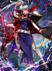 Rule 34 | 1girl, armor, book, boots, cape, commission, commissioner upload, elbow gloves, electricity, fire emblem, fire emblem: genealogy of the holy war, fire emblem heroes, full body, gloves, highres, ishtar (fire emblem), jewelry, long hair, magic, nintendo, pauldrons, red eyes, shoulder armor, skeb commission, solo, teo (telo ruka), very long hair
