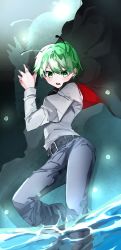 Rule 34 | 1girl, absurdres, alt text, androgynous, belt, black cape, bug, cape, collared shirt, denim, firefly, green eyes, green hair, highres, insect, jeans, long sleeves, pants, red cape, shirt, short hair, solo, swept bangs, tomboy, touhou, two-sided cape, two-sided fabric, vivo (vivo sun 0222), white shirt, wriggle nightbug