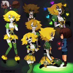 Rule 34 | 10s, 1boy, 1girl, 2015, ;p, androgynous, artist name, asriel dreemurr, bad id, bad tumblr id, black sclera, blonde hair, chara (undertale), closed eyes, colored sclera, colored skin, flowey (undertale), freckles, frisk (undertale), genderswap, genderswap (mtf), gloves, glowing, green eyes, heart, hopebiscuit, kneehighs, one eye closed, personification, red eyes, sharp teeth, shirt, shorts, socks, spoilers, striped clothes, striped shirt, striped sweater, sweater, teeth, tongue, tongue out, torn clothes, undertale, white skin
