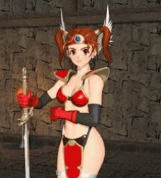 Rule 34 | 1girl, 3d, animated, animated gif, armor, bikini armor, bouncing breasts, breasts, brown hair, chunsoft, cleavage, dancing, dragon quest, dragon quest iii, dragon quest viii, elbow gloves, enix, gloves, hip focus, jessica albert, loincloth, lowres, midriff, oppai oppai, red armor, soldier (dq3), solo, square enix, sword, tiara, twintails, weapon, wide hips