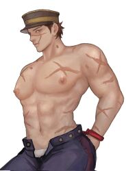 Rule 34 | 1boy, abs, alternate pectoral size, bara, black hair, cowboy shot, def00 0, facial scar, golden kamuy, hat, highres, huge eyebrows, huge pectorals, kepi, looking at viewer, male focus, male underwear, military hat, muscular, muscular male, navel, nipples, profile, scar, scar on cheek, scar on chest, scar on face, scar on mouth, scar on nose, short hair, solo, standing, stomach, sugimoto saichi, topless male, underwear, white male underwear