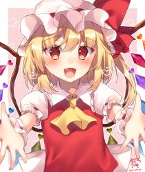 Rule 34 | 1girl, arms up, ascot, blonde hair, blush, border, chisiro unya (unya draw), collared shirt, commentary request, crystal, dress, eyes visible through hair, fang, flandre scarlet, hair between eyes, hands up, hat, hat ribbon, heart, jewelry, looking at viewer, mob cap, multicolored wings, one side up, open mouth, pink background, puffy short sleeves, puffy sleeves, red dress, red eyes, red ribbon, ribbon, shirt, short hair, short sleeves, smile, solo, tongue, touhou, white border, white hat, white shirt, wings, wrist cuffs, yellow ascot