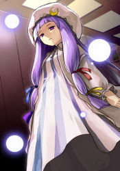 Rule 34 | 1girl, blunt bangs, face, female focus, hair ribbon, hat, heebee, light particles, long hair, patchouli knowledge, purple eyes, purple hair, ribbon, robe, solo, standing, striped, touhou