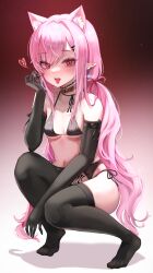 Rule 34 | 1girl, absurdres, animal ear fluff, animal ears, barbell piercing, bare shoulders, bikini, black bikini, black bow, black choker, black garter belt, black gloves, black ribbon, black thighhighs, blue gemstone, blush, bow, breasts, brown collar, cat ears, choker, collar, collarbone, commentary, commission, curly hair, ear piercing, earrings, elbow gloves, eyelashes, fangs, fankey, fingernails, garter belt, gem, glint, gloves, gradient background, hair intakes, hair ornament, hair ribbon, hairclip, heart, heart collar, highres, industrial piercing, jewelry, long hair, looking at viewer, navel, navel piercing, neck ribbon, no shoes, o-ring, o-ring choker, open mouth, original, piercing, pink background, pink eyes, pink hair, pink ribbon, pointy ears, pubic tattoo, ribbon, side-tie bikini bottom, small breasts, solo, spiked ear piercing, squatting, stomach, swimsuit, tattoo, teeth, thighhighs, thighs, tiptoes, toes, tongue, tongue out, twirling hair, upper teeth only, white background