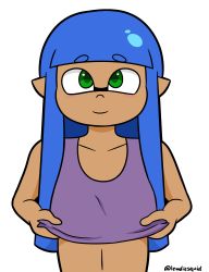 Rule 34 | 1girl, absurdres, animated, animated gif, blue hair, breasts, clothes lift, dark-skinned female, dark skin, fangs, flashing, green eyes, head tilt, highres, inkling player character, lifting own clothes, long hair, looking at viewer, medium breasts, navel, nintendo, nipples, no bra, pointy ears, simple background, smile, solo, splatoon (series), upper body, white background