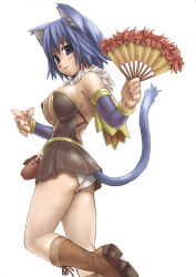 Rule 34 | 1girl, alchemist, alchemist (ragnarok online), animal ears, armlet, asanagi, ass, back, bag, bare shoulders, blue eyes, blue hair, blush, boots, bracelet, breasts, brown footwear, cat ears, cat tail, center opening, cleavage, covered erect nipples, detached sleeves, dress, feather fan, flat ass, folding fan, from side, fur trim, hand fan, holding, jewelry, knee boots, kneepits, large breasts, leg up, looking at viewer, looking back, matching hair/eyes, no bra, panties, pantyshot, parted lips, pleated dress, ragnarok online, satchel, short dress, short hair, sideboob, simple background, smile, solo, standing, standing on one leg, strapless, strapless dress, tail, underwear, white background, white panties
