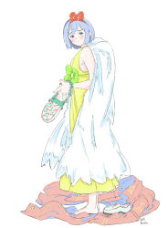 Rule 34 | 1girl, artist name, barefoot, bow, dress, feathered wings, hairband, highres, kawatsu yuuki, light purple hair, original, red bow, red hairband, shoes, unworn shoes, short hair, simple background, sleeveless, sleeveless dress, solo, white background, white wings, wings, yellow dress