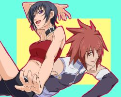 Rule 34 | 00s, 1boy, 1girl, bare shoulders, black hair, breasts, choker, detached sleeves, kratos aurion, midriff, open mouth, purple eyes, red eyes, red hair, rutee katrea, short hair, short shorts, shorts, tales of (series), tales of destiny, tales of symphonia