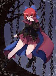 Rule 34 | 1girl, black footwear, black shirt, blue bow, boots, bow, cape, commentary request, covering own mouth, full body, grey background, hair bow, hand up, high collar, long sleeves, looking at viewer, miniskirt, otoufu (wddkq314band), pleated skirt, red cape, red eyes, red hair, red skirt, sekibanki, shirt, short hair, skirt, solo, touhou, tree, willow