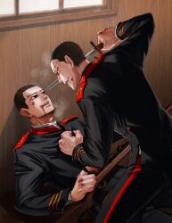 Rule 34 | 2boys, absurdres, against wall, black eyes, black hair, blood, blood on face, bruise, buzz cut, clenched hand, eye contact, facial hair, golden kamuy, grin, gun, highres, holding, holding sword, holding weapon, indoors, injury, long sleeves, looking at another, male focus, military, military uniform, multiple boys, ogata hyakunosuke, online otto, short hair, smile, standing, stubble, sword, uniform, usami tokishige, very short hair, weapon