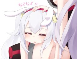 Rule 34 | 2girls, :o, animal ears, azur lane, bare shoulders, blush, breasts, closed eyes, commentary request, hair between eyes, hair ornament, hairband, headpat, kokone (coconeeeco), laffey (azur lane), large breasts, long hair, lying, multiple girls, on lap, on stomach, parted lips, prinz eugen (azur lane), rabbit ears, red hairband, simple background, translation request, twintails, white background, white hair