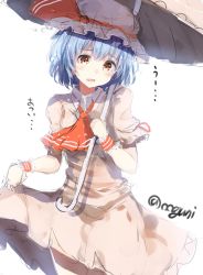 Rule 34 | 1girl, ascot, blue hair, blush, clothes lift, colorized, dress, dress lift, fang, hat, hat ribbon, looking at viewer, mob cap, open mouth, parasol, pink dress, puffy sleeves, remilia scarlet, ribbon, short hair, short sleeves, simple background, sketch, solo, sweatdrop, text focus, touhou, twitter username, umbrella, white background, wowoguni, wrist cuffs