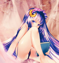 Rule 34 | 1girl, bad id, bad pixiv id, book, convenient leg, covering own mouth, crescent, crescent hair ornament, hair ornament, leg up, long hair, looking at viewer, panties, patchouli knowledge, purple eyes, purple hair, silentdin, sitting, solo, text focus, touhou, underwear