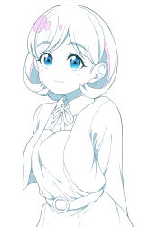 Rule 34 | 1girl, :3, arms behind back, blazer, blue eyes, closed mouth, collared shirt, commentary, dress shirt, highres, jacket, jenny (je2live), long sleeves, looking at viewer, love live!, love live! superstar!!, monochrome, multicolored hair, neck ribbon, open clothes, open jacket, parted bangs, pink hair, ribbon, school uniform, shirt, short hair, simple background, solo, spot color, streaked hair, tang keke, upper body, white background, winter uniform, yuigaoka school uniform
