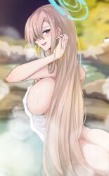 Rule 34 | 1girl, absurdres, ass, asuna (blue archive), bad anatomy, bathing, blonde hair, blue archive, blue eyes, blurry, blurry background, blush, breasts, covering privates, hair over one eye, halo, highres, large breasts, long hair, looking at viewer, naked towel, nude, nude cover, onsen, smile, solo, steam, towel, vanko (vank0a), very long hair, water, wet