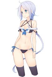 Rule 34 | 1girl, adapted costume, ahoge, bad id, bad twitter id, bare shoulders, bikini, black bikini, black thighhighs, blue eyes, braid, breasts, colored eyelashes, contrapposto, cowboy shot, criss-cross halter, cropped legs, dan (kumadan), gluteal fold, hair between eyes, hair flaps, halterneck, hip focus, kantai collection, long braid, long hair, looking to the side, lowleg, lowleg bikini, mole, mole under eye, navel, parted bangs, parted lips, sailor collar, side-tie bikini bottom, silver hair, simple background, single braid, skindentation, small breasts, solo, standing, swimsuit, thighhighs, thighs, umikaze (kancolle), very long hair, white background