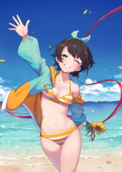 Rule 34 | 1girl, absurdres, aqua eyes, beach, bikini, black hair, blue eyes, blue sky, cloud, cowboy shot, day, flower, highres, hololive, horizon, jacket, looking at viewer, multicolored clothes, multicolored jacket, ocean, oozora subaru, oozora subaru (hololive summer 2019), open clothes, open jacket, outdoors, parted lips, short hair, shyi, sky, smile, solo, striped bikini, striped clothes, sunflower, swept bangs, swimsuit, thigh gap, virtual youtuber, yellow bikini