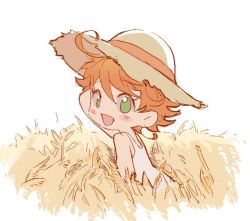 Rule 34 | 1girl, ahoge, blush, dress, emma (yakusoku no neverland), from behind, green eyes, hand up, hat, looking at viewer, open mouth, orange hair, qin (7833198), short hair, simple background, sketch, smile, straw hat, sundress, wheat, wheat field, yakusoku no neverland