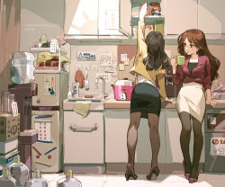 Rule 34 | 2girls, arm support, arm up, bottle, box, brown eyes, brown hair, brown legwear, commentary request, cup, cupboard, earrings, eyelashes, faucet, high heels, highres, holding, holding cup, jacket, jewelry, kitchen, lipstick, long hair, long sleeves, makeup, multiple girls, office lady, original, pantyhose, pencil skirt, reaching, red jacket, red lips, refrigerator, sink, skirt, sleeves past elbows, standing, taiwan, tennohi, tiptoes, water cooler