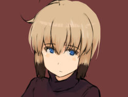Rule 34 | 1girl, blonde hair, blue eyes, brown hair, erica hartmann, multicolored hair, portrait, sad, shibafu (glock23), short hair, simple background, solo, strike witches, sweater, turtleneck, two-tone hair, upper body, world witches series
