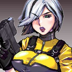 Rule 34 | 1girl, agent helix, breasts, g.i. joe, gradient background, green eyes, gun, hair over one eye, handgun, large breasts, lips, lipstick, looking at viewer, lowres, makeup, matagitii, multicolored hair, oekaki, short hair, simple background, solo, weapon