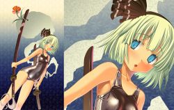Rule 34 | 1girl, bare shoulders, black one-piece swimsuit, blue eyes, blush, collarbone, dual wielding, female focus, flower, ghost, holding, katana, konpaku youmu, konpaku youmu (ghost), looking at viewer, one-piece swimsuit, open mouth, sakuya tsuitachi, school swimsuit, sheath, sheathed, shiny clothes, short hair, silver hair, solo, swimsuit, sword, tanto, touhou, weapon, wet, wet clothes