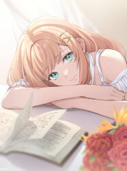Rule 34 | 1girl, absurdres, bird of paradise flower, book, bouquet, commentary request, crossed arms, curtains, dress, elbows on table, flower, gogo (detteiu de), green eyes, hair ornament, hairclip, head on arm, head on table, highres, indoors, kingdom hearts, kingdom hearts x, leaning forward, long hair, medium bangs, open book, orange hair, raised eyebrows, red flower, red rose, rose, solo, strelitzia (kingdom hearts), sunlight, table, white dress, wind, yellow flower