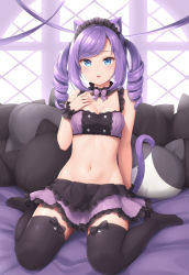 Rule 34 | 1girl, animal ears, bare shoulders, black thighhighs, blue eyes, breasts, cat ears, cat girl, cat tail, choker, commentary request, crop top, drill hair, frills, hand up, headdress, layered skirt, long hair, looking at viewer, midriff, miniskirt, navel, no shoes, original, parted lips, pillow, purple hair, purple ribbon, purple skirt, ribbon, sasaame, sidelocks, sitting, skirt, sleeveless, small breasts, solo, stomach, tail, thighhighs, twin drills, twintails, wariza, window, wrist cuffs, zettai ryouiki