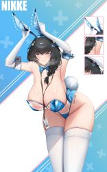 Rule 34 | animal ears, armpits, black hair, blue bow, blue bowtie, blue hair, blue leotard, blush, bow, bowtie, breasts, closed eyes, detached collar, elbow gloves, fake animal ears, fake tail, gloves, goddess of victory: nikke, hands on headwear, hanging breasts, huge breasts, id card, leaning forward, leotard, long hair, mary (medical rabbit) (nikke), mary (nikke), misaki art, multicolored hair, official alternate costume, playboy bunny, rabbit ears, rabbit tail, see-through, see-through leotard, smile, strapless, strapless leotard, streaked hair, sweat, tail, thick thighs, thighhighs, thighs, white gloves, white thighhighs