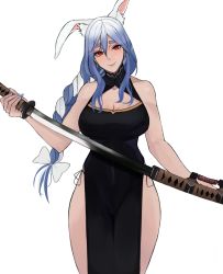 Rule 34 | 1girl, absurdres, animal ears, bare shoulders, blue hair, blush, braid, breasts, china dress, chinese clothes, cleavage, dress, earrings, hair between eyes, highres, holding, holding sword, holding weapon, hololive, istellia, jewelry, katana, long hair, looking at viewer, mature female, mole, mole on breast, mole under eye, pekomama, rabbit ears, rabbit girl, red eyes, sheath, simple background, sleeveless, smile, solo, sword, thick eyebrows, unsheathing, virtual youtuber, weapon, white background