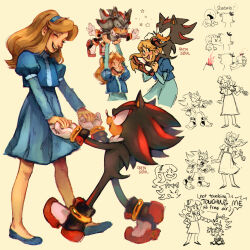 Rule 34 | 1boy, 1girl, 9474s0ul, animal ears, animal nose, arms up, artist self-insert, blonde hair, blood, blue dress, blue footwear, blue hairband, blush, carrying, closed eyes, closed mouth, commentary, decapitation, dress, english commentary, english text, full body, furry, furry male, gloves, hairband, hand on another&#039;s head, highres, holding hands, long hair, long sleeves, looking at another, maria robotnik, open mouth, party horn, piggyback, puffy sleeves, red eyes, shadow the hedgehog, shoes, simple background, smile, sonic (series), speech bubble, standing, tail, white gloves, yellow background