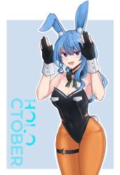 Rule 34 | 1girl, animal ears, bare arms, bare shoulders, black gloves, blue background, blue choker, blue eyes, blue hair, breasts, choker, cleavage, commentary, covered navel, english text, gloves, hair between eyes, highres, hololive, hoshimachi suisei, leotard, long hair, looking at viewer, medium breasts, open mouth, oracle silbern, orange pantyhose, pantyhose, partially fingerless gloves, playboy bunny, ponytail, rabbit ears, rabbit pose, rabbit tail, solo, star (symbol), star choker, star in eye, strapless, strapless leotard, symbol in eye, tail, virtual youtuber