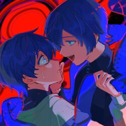 Rule 34 | 2boys, absurdres, album cover, alternate costume, aoyama wasabi, black shirt, blue eyes, blue hair, blue scarf, collaboration, cover, crying, crying with eyes open, from side, hand on another&#039;s cheek, hand on another&#039;s face, highres, himanemuitoma, holding, holding clothes, holding scarf, kaito (vocaloid), long sleeves, looking at another, multiple boys, open mouth, parted lips, puffy long sleeves, puffy sleeves, red background, scarf, shirt, short hair, smile, tears, teeth, turtleneck, upper teeth only, vocaloid, white shirt