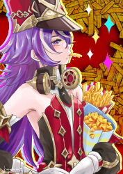 Rule 34 | 1girl, absurdres, bare shoulders, black hat, chevreuse (genshin impact), commentary request, dress, earmuffs, earmuffs around neck, food, french fries, genshin impact, gloves, hat, highres, karakusa (ototsukiharu), long hair, mouth hold, multicolored hair, purple hair, red dress, shako cap, solo, strapless, strapless dress, streaked hair, upper body, very long hair, white gloves, white hair