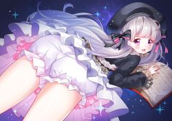 Rule 34 | 10s, 1girl, bloomers, blush, book, dress, fate/extra, fate/grand order, fate (series), frills, grey hair, hat, long hair, nursery rhyme (fate), open mouth, purple eyes, ribbon, underwear