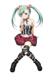 Rule 34 | 00s, 1girl, black thighhighs, blue eyes, blush, bow, chain, choker, collarbone, earrings, eyebrows, female focus, full body, green hair, hair bobbles, hair ornament, ikkitousen, jewelry, long hair, magatama, magatama earrings, midriff, navel, ribbon, shokatsuryou koumei, simple background, sitting, skirt, solo, strapless, thighhighs, torn clothes, torn thighhighs, twintails, white background