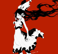 Rule 34 | bare shoulders, black hair, bow, cui (jidanhaidaitang), dated, floating hair, frills, greyscale with colored background, hair bow, hair tubes, hakurei reimu, highres, long hair, medium skirt, multiple monochrome, nontraditional miko, red background, shirt, signature, simple background, skirt, sleeveless, sleeveless shirt, standing, touhou, very long hair