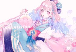 Rule 34 | 1girl, artist name, blue hair, braid, chinese clothes, commission, dress, earrings, gloves, hair between eyes, hand up, hanfu, highres, holding, jewelry, jikuno, long sleeves, multicolored hair, neck ribbon, open mouth, original, pink dress, pink eyes, pink hair, red ribbon, ribbon, simple background, solo, white background