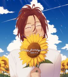 Rule 34 | 1other, blue sky, brown hair, closed eyes, cloud, commentary, dated, flower, glasses, hange zoe, hanpetos, happy birthday, holding, holding flower, other focus, ponytail, portrait, shingeki no kyojin, sky, smile, solo, sunflower, sunlight