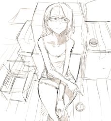Rule 34 | 1girl, cigarette, closed mouth, commentary, glasses, highres, kotoyama, original, short hair, shorts, sketch, solo