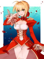 Rule 34 | 10s, 1girl, blonde hair, breasts, cleavage, cleavage cutout, clothing cutout, fate/extra, fate (series), green eyes, hair ribbon, highres, ichigopantsu, looking at viewer, nero claudius (fate), nero claudius (fate) (all), nero claudius (fate/extra), open mouth, petals, red ribbon, ribbon, see-through, smile, solo
