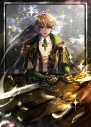 Rule 34 | 1boy, ahoge, armor, armored gloves, blonde hair, cape, coin, collared shirt, commentary, epaulettes, eu (euspia), feathers, glint, gold coin, green eyes, long sleeves, looking at viewer, male focus, novel illustration, official art, open mouth, raphael (regressor&#039;s instruction manual), regressor&#039;s instruction manual, serious, shirt, short hair, shoulder armor, single epaulette, single shoulder pad, solo, sword, symbol-only commentary, teeth, weapon